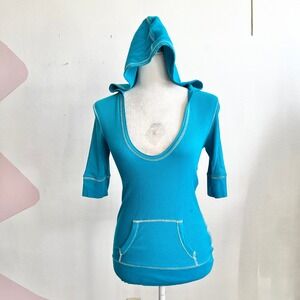 Vintage Ribbed Hoodie Top Y2K 2000s Glam Indie Sleaze Blue Small